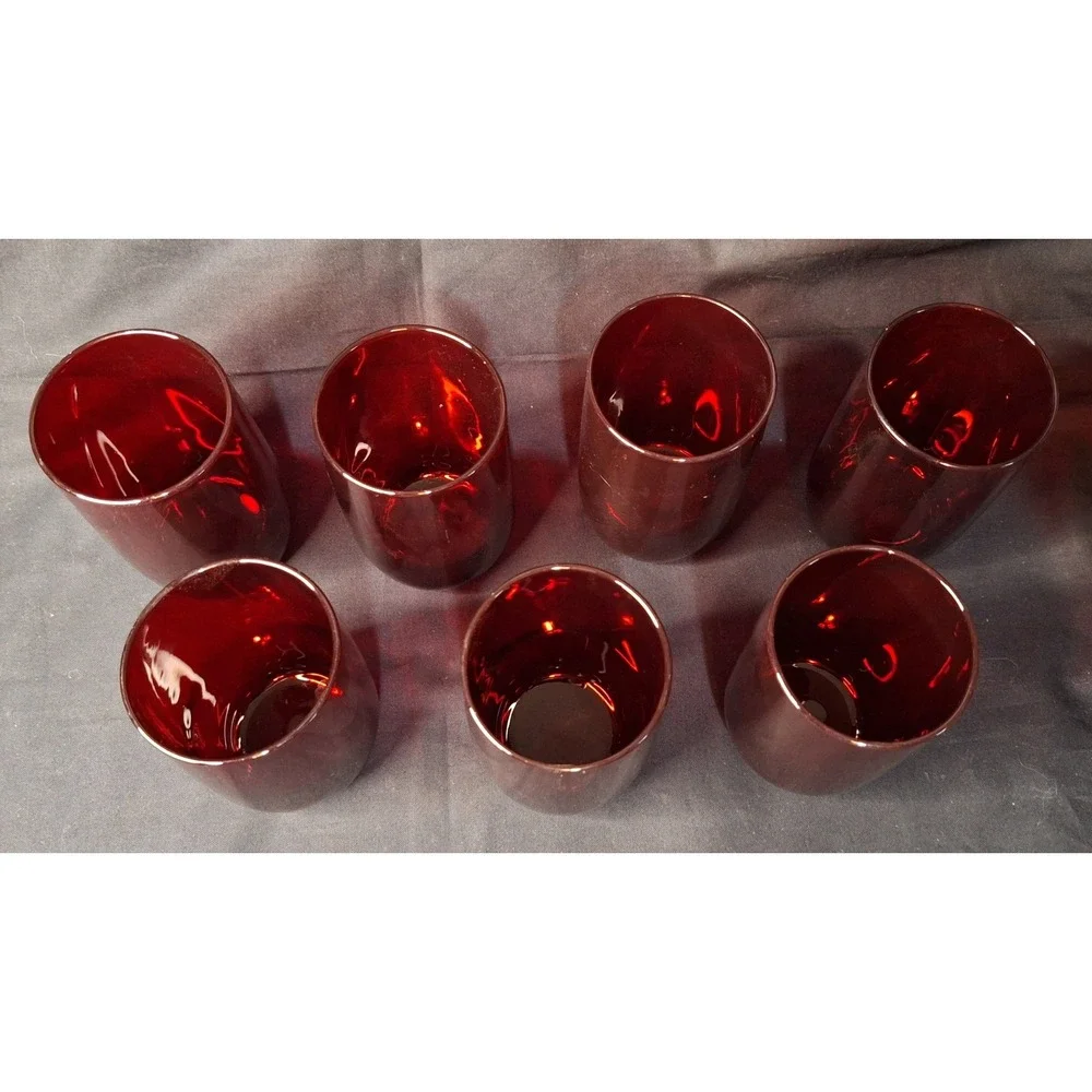 Set of 7 Ruby‎ Red Glass Tumblers Vintage Minimalist Drinking Glasses 4.25 Inch